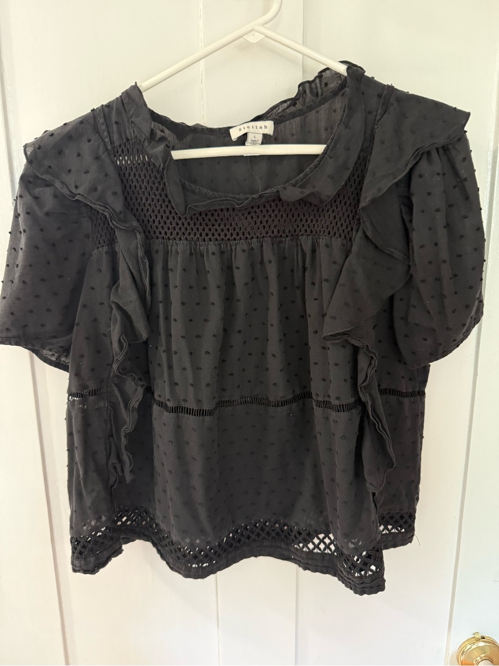 Stellah Black Swiss Dot Ruffle Blouse